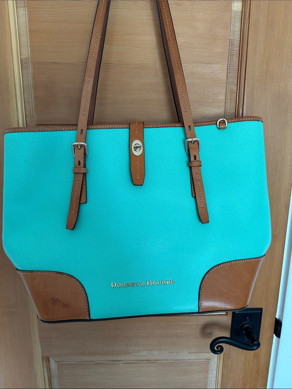 Dooney & Bourke Turquoise and Tan Leather Strap Tote